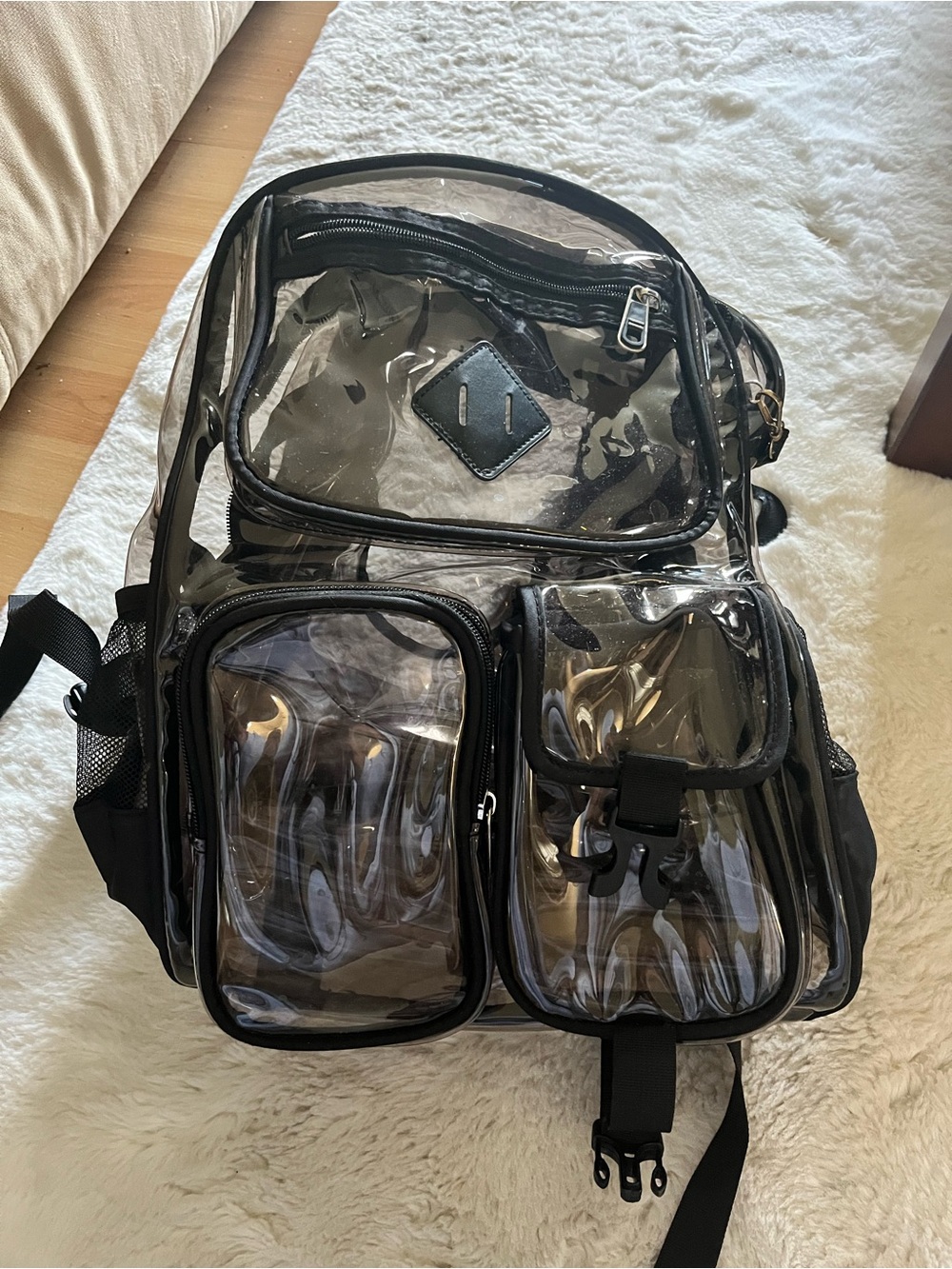 Clear Black PVC Backpack for women or men Transparent Travel & Stadium Bag